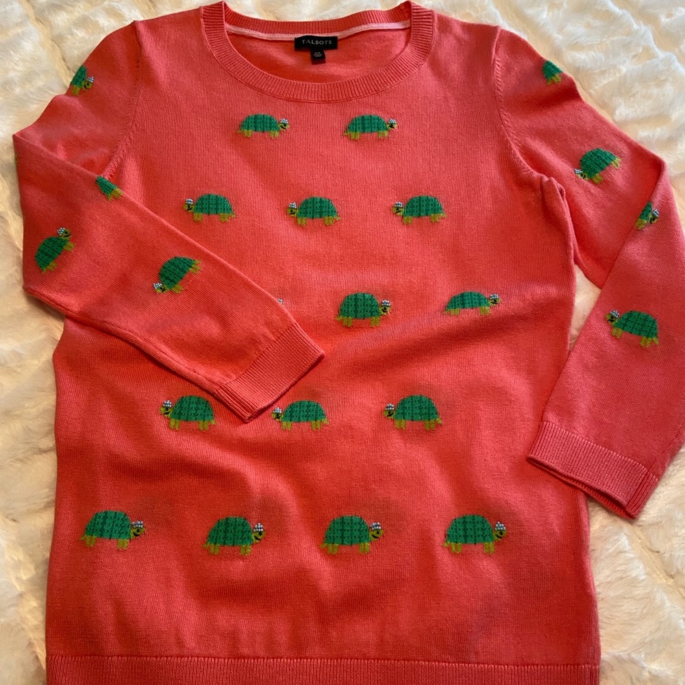 Talbots NWOT Cotton Sweater, Beaded turtles, XS, salmon
